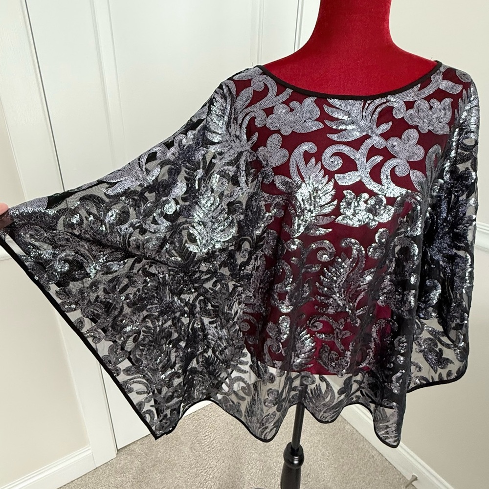 Bob Mackie silver sequin caftan on sheer black underlay size XL